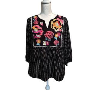 Savanna Jane Medium Embroidered Floral Polka Dot Peasant Blouse Top 3/4 Sleeve‎